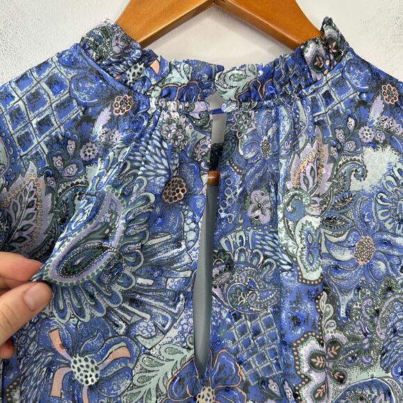 MARIE OLIVER Irena Mini Dress Size Large Silk Metallic Ruffle Smocked Boho Chic - Picture 10 of 15